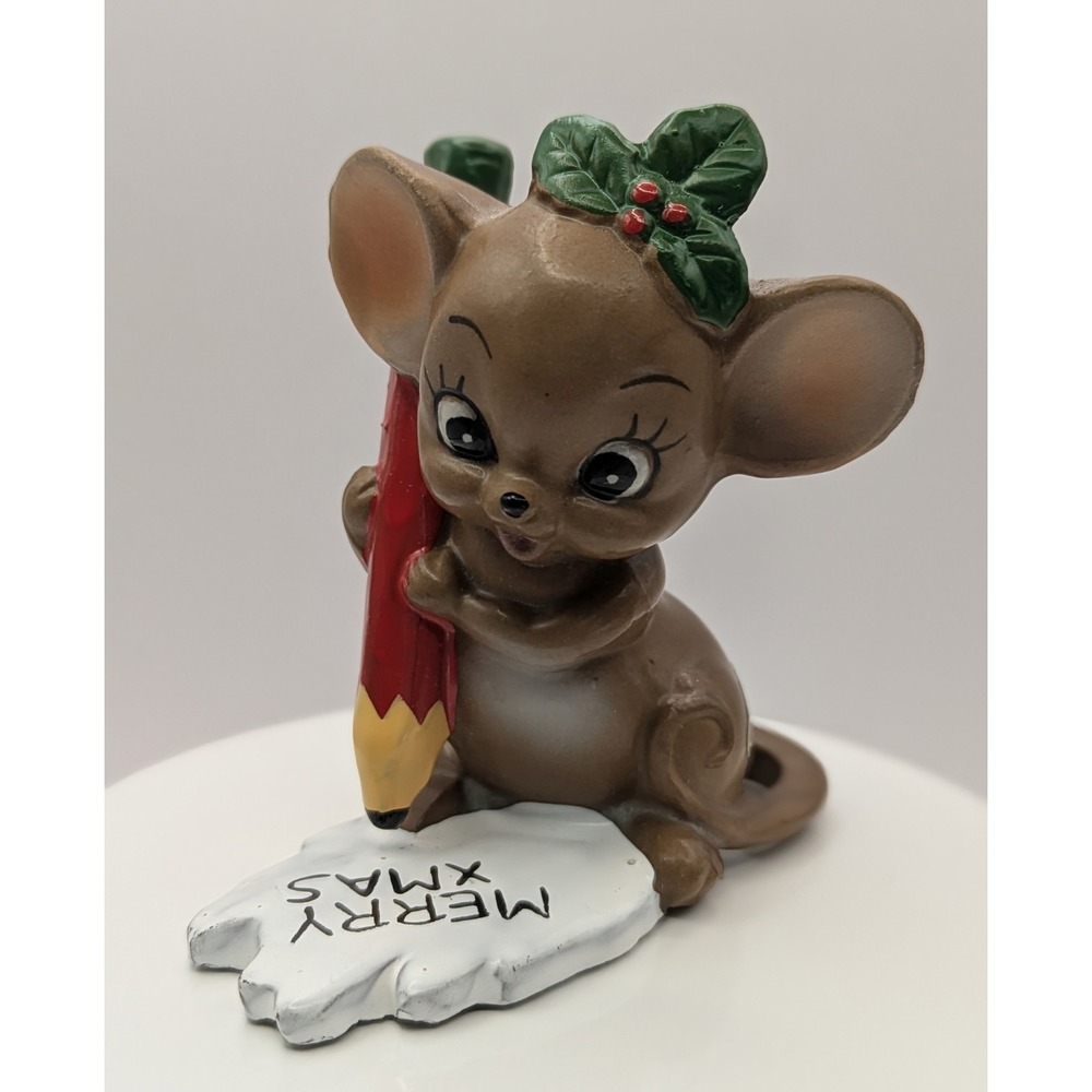 Vtg Josef Originals 'Merry Xmas' Christmas Mouse Figurine w/Foil Label‎ 2.75"